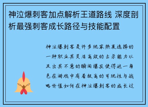 神泣爆刺客加点解析王道路线 深度剖析最强刺客成长路径与技能配置